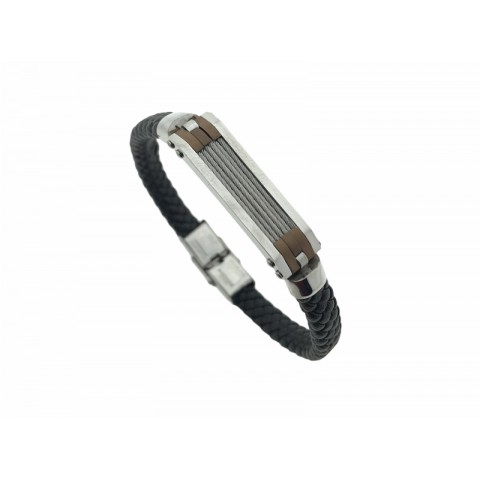 Pulsera Acero Lingoe hilos cobre Cuero negro