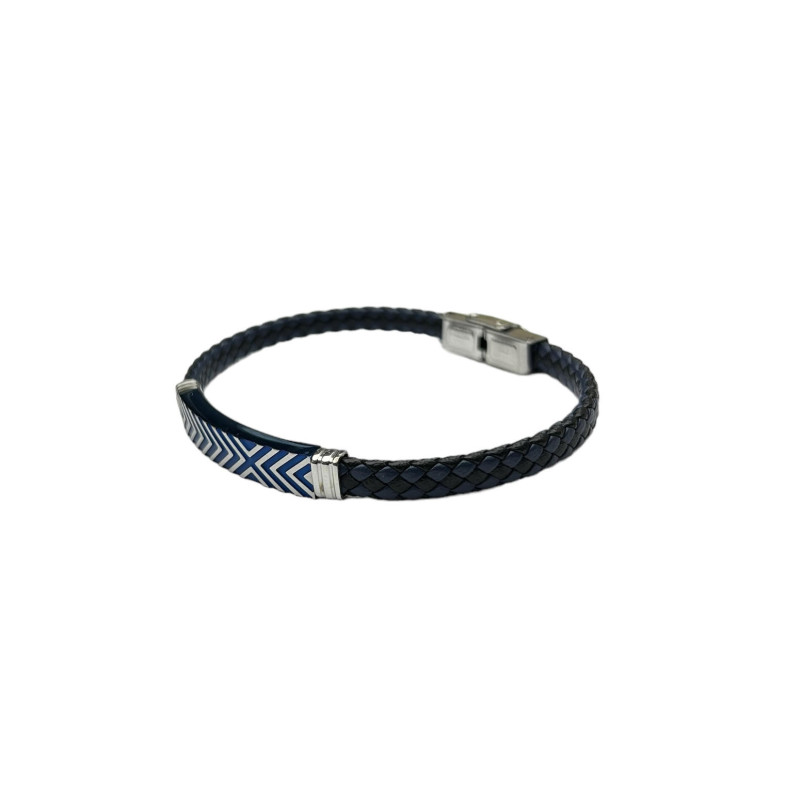 Pulsera acero trenzada azul y negro chapa rallada 