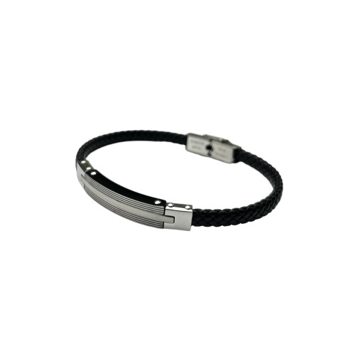 Pulsera acero trenzada negro chapa con rayas