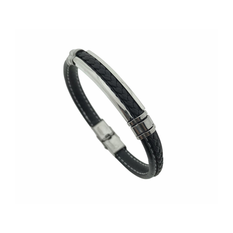 Pulsera Acero cuero negro