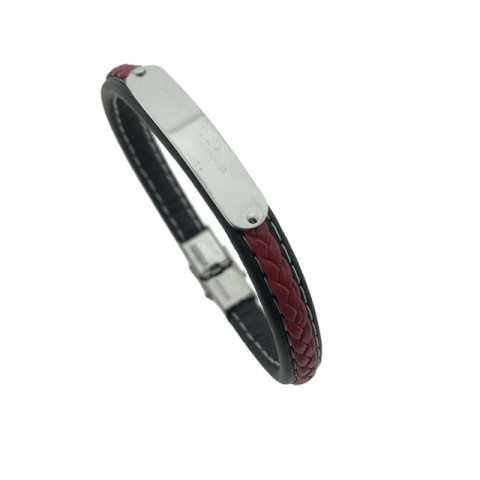 Pulsera Acero Placa Cuero Rojo y Negro